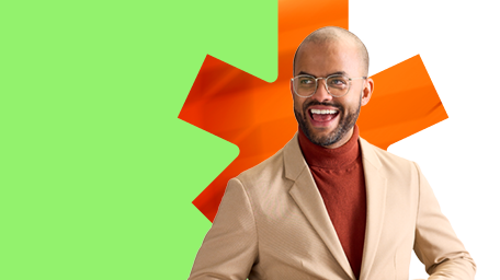 BDC employee in a dynamic pose on a green background and orange leaf