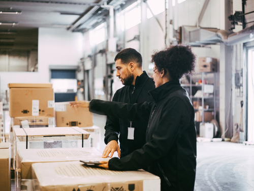 Businesswoman pointing while discussing with male colleague at warehouse
